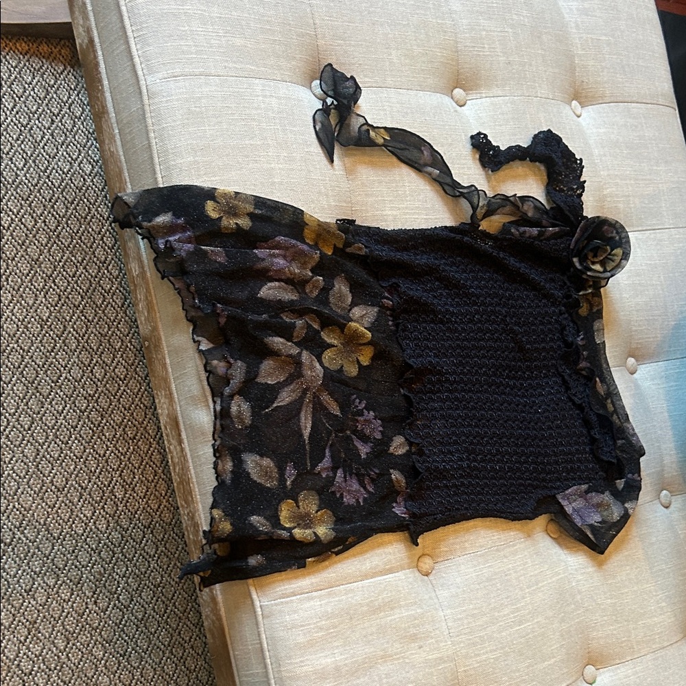 Statement Y2K Dong Fang Ming Li Floral Mesh Crochet Asymmetrical Top Size Small - Picture 3 of 8